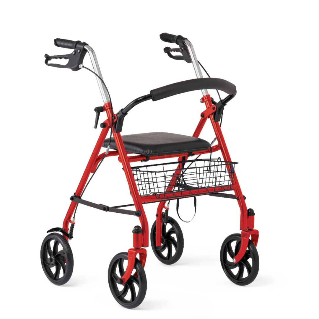 The Medline Steel Rollator, in red, features four black 8 wheels, a padded seat for comfort, and a sturdy metal basket beneath. It includes hand brakes on the handles for added safety and provides excellent mobility support.